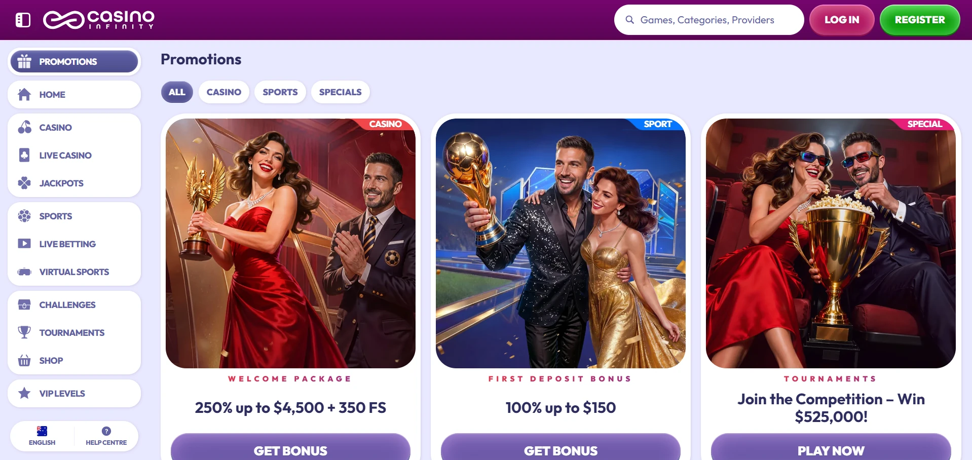 Infinity promotions page for new accounts