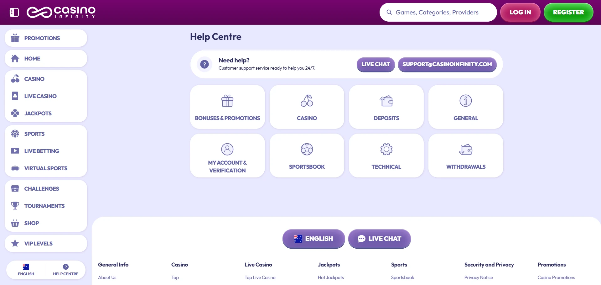 Infinity live chat and contact options