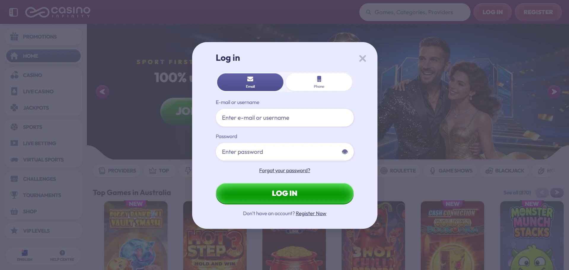 Infinity login form with email and password fields