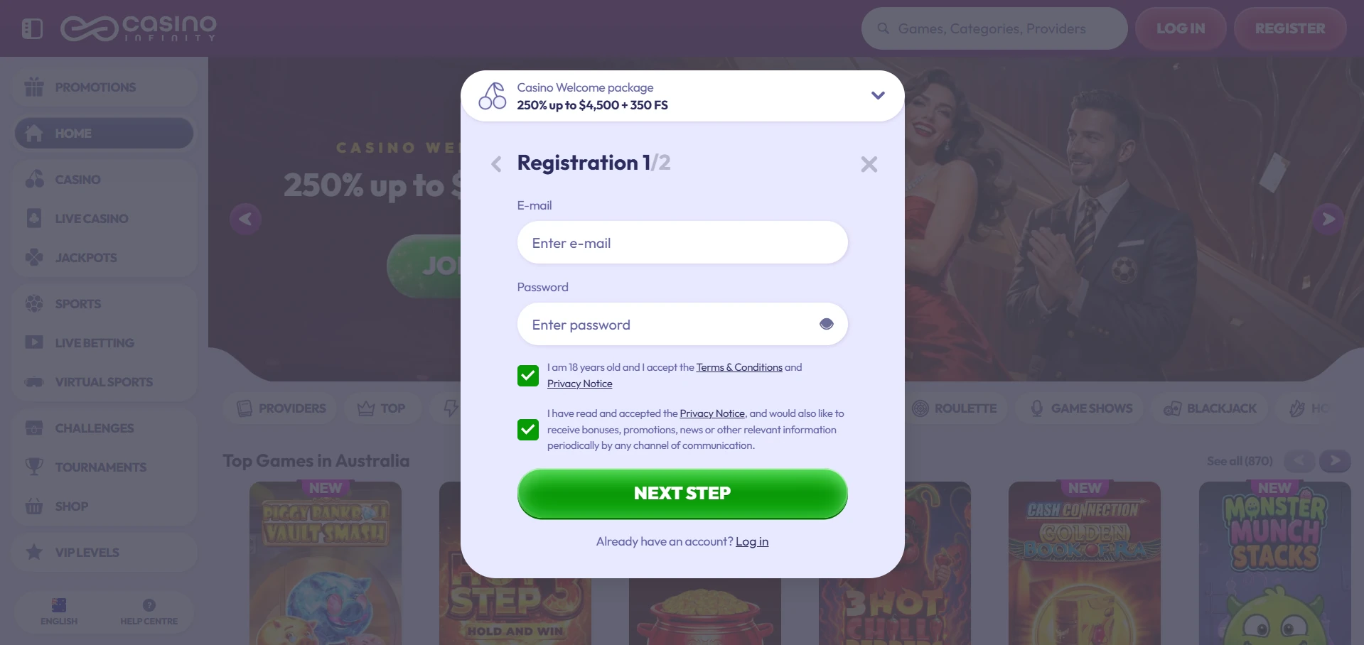 Infinity registration form